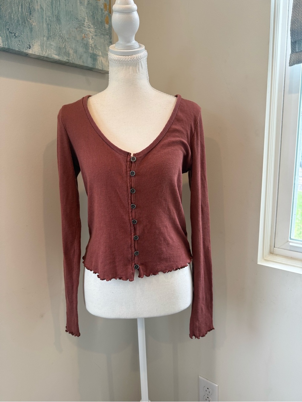 American Eagle Outfitters Rust Ribbed Button-Front Long Sleeve Top Medium